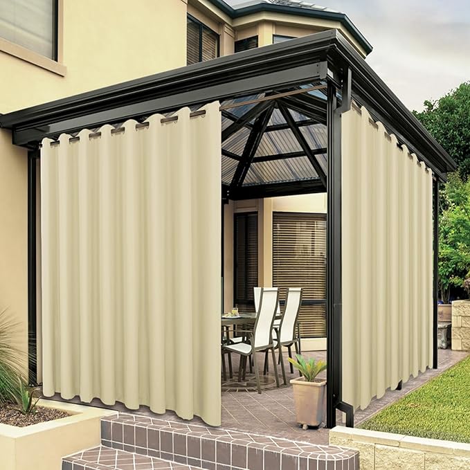 BONZER Waterproof Outdoor Curtains for Patio Porch Pergola Cabana Thick Privacy Wide Grommet Indoor Curtains for Bedroom Living Room, 1 Panel, 110W x 95L inch, Cream