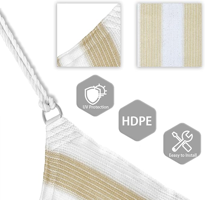 Patio Paradise 27' x 27' x 27' Sun Shade Sail Triangle Canopy Shade Cloth Fabric Sunlight Block Patio Pergola Cover HDPE Deck Awning for Outdoor Backyard Roof Shading, Beige White Strip