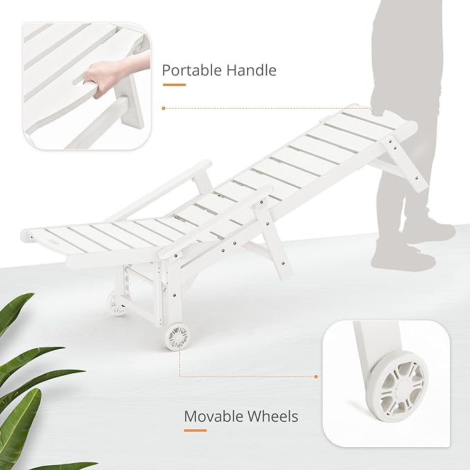 LUE BONA Outdoor Chaise Lounge, HDPS Chaise Lounger, 5 Positions Adjustable Lounge Chairs, Pool Lounge Chair with Wheels for Poolside, Backyard, White