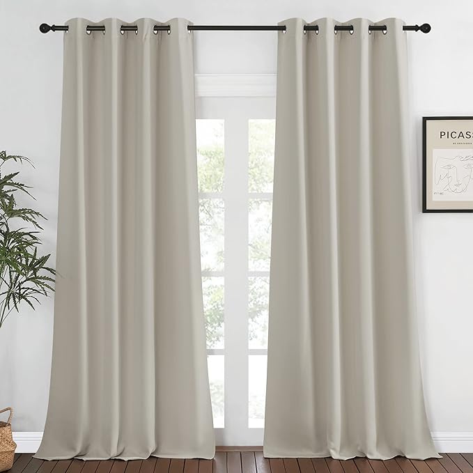 NICETOWN Blackout Curtain for Living Room, Thermal Insulated Solid Grommet Sound Reducing Energy Saving Window Treatment for Bedroom/Dining Room, Natural, 1 Panel, W52 x L90