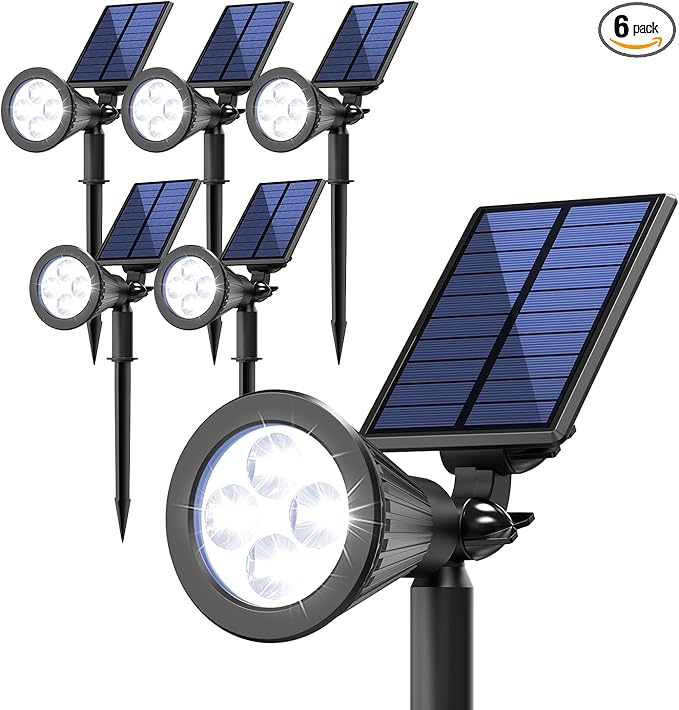 Solar Lights Outdoor Waterproof IP65,6500K Super Bright LED,2 Lighting Modes, Solar Powered Yard Garden Solar Spot Lights for Flag Landscape Auto On/Off-6 Pack