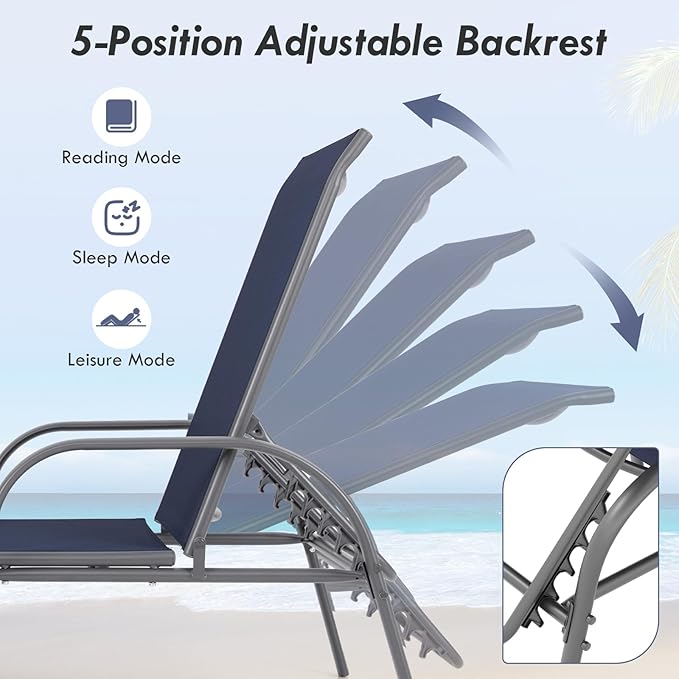 Giantex 2 Pack Patio Lounge Chair, Outdoor Chaise Lounge with 5 Adjustable Backrest, Sturdy Steel Frame, Sunbathing Recliner, Beach Chair, Tanning Chair for Outside, Yard, Balcony, Pool Chairs, Navy
