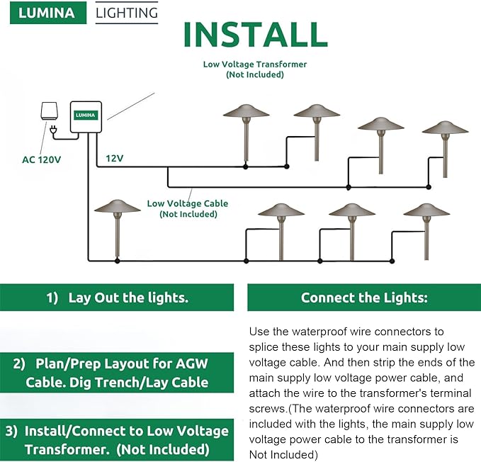 Lumina Lighting® 3W Landscape Lighting 12V Landscape Lights Low Voltage Landscape Path Lights Warm White Waterproof Outdoor Replaceable G4 LED Bulb for Garden Pathway Lawn Yard (Bronze, 8-Pack)