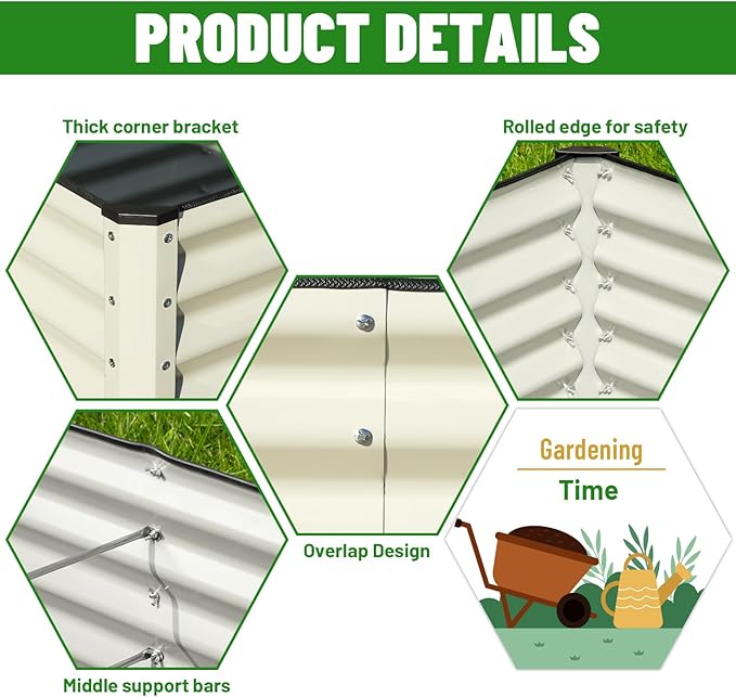 SnugNiture Galvanized Raised Garden Bed 8x4x2FT Outdoor Large Metal Planter Box Steel Kit for Planting Vegetables, Flowers, Beige White
