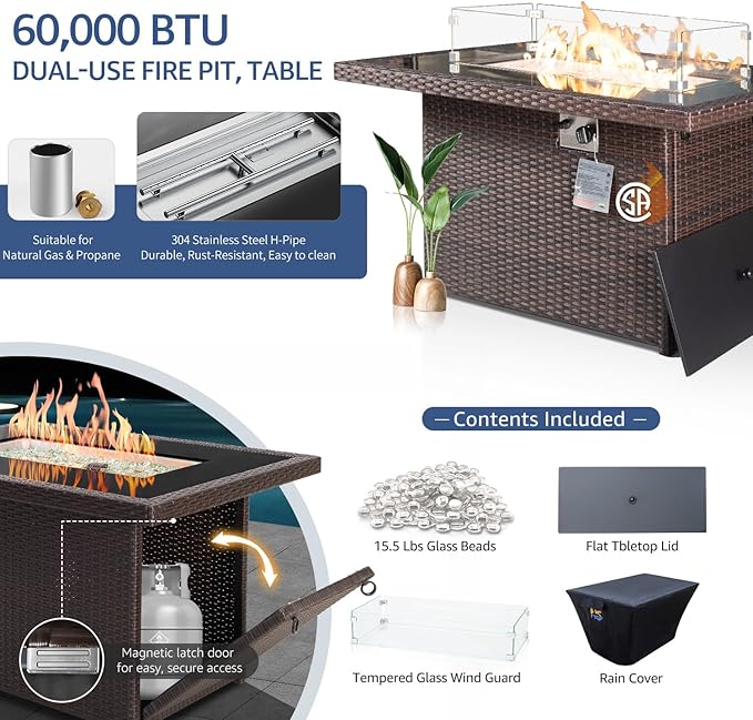 NICESOUL 9 Piece Patio Furniture Set with Fire Pit Natural Gas/Propane, 29.3'' High Back Comfy Outdoor Wicker Conversation Set, XL Large Deep Sitting Sectional Sets, Brown Rattan and Navy Blue Cushion