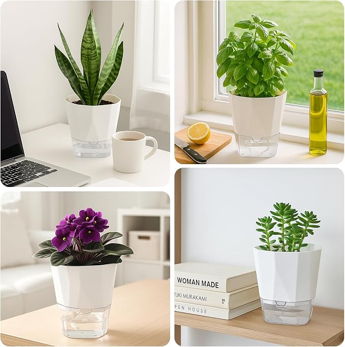 2 Pack Self Watering Pots for Indoor Plants, 8.4 Inches Self Watering Planters Large African Violet Self Watering Clear Pots for Plants Large Herb Orchid Flower Houseplant Pots, White