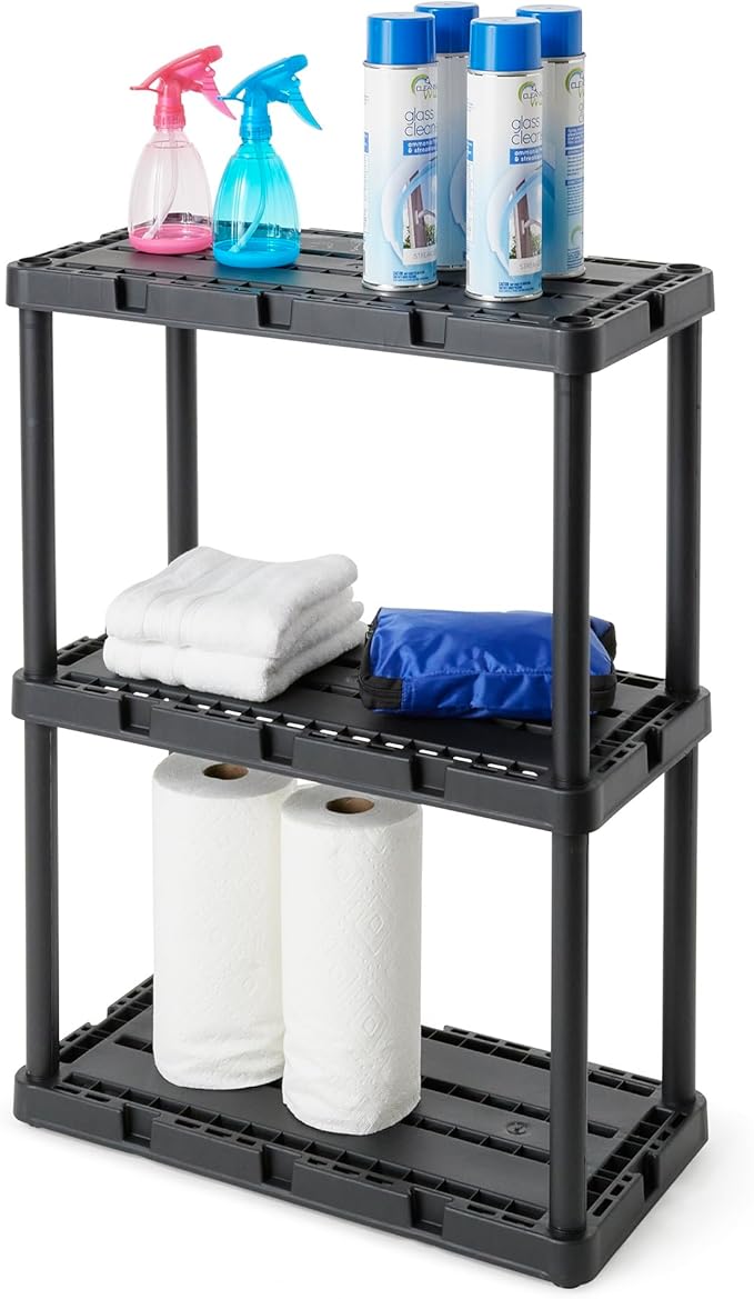 Gracious Living 3 Shelf Knect-A-Shelf Solid Light Duty Storage Unit 12 x 24 x 33" Organizer for Home, Garage, Basement & Laundry, Black