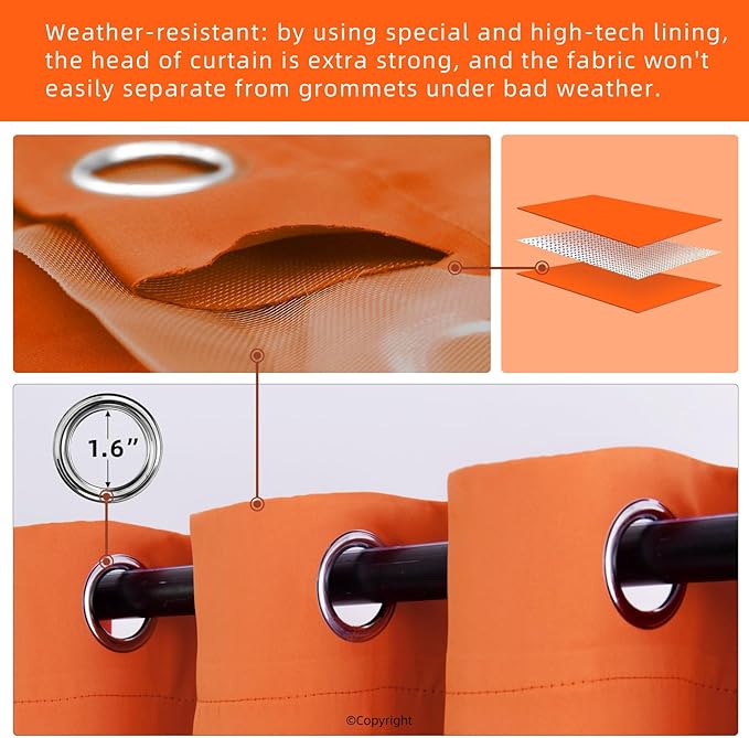 DIVA EN CAMINO DEC Outdoor Patio Curtain Waterproof Darkening Thermal Insulated Indoor Curtains for Bedroom, Porch, Living Room, Pergola, Cabana, W52 x L132, Orange, Set of 2 Panels