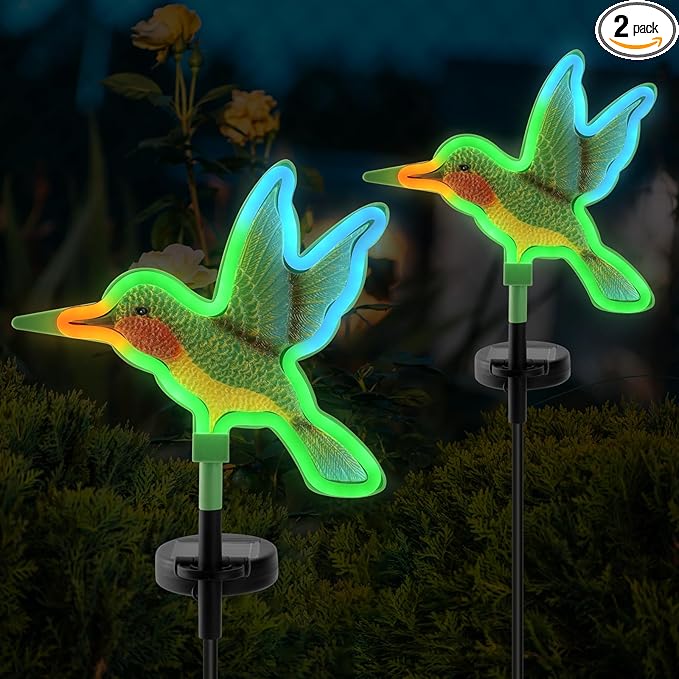 Solar Hummingbird Garden Lights, Halloween Outdoor Lights Decor,LED Hummingbirds Light Outside,Garden Solar Lights, Outdoor Decorations for Yard (2 Pack)