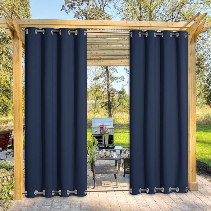 NICETOWN Outdoor Curtain for Patio Waterproof, Rustproof Top and Bottom Grommet Windproof Drape Thermal Insulated Blackout Indoor Outdoor Blinds for Porch/Gazebo, W52 x L84, Navy Blue, 1 Panel
