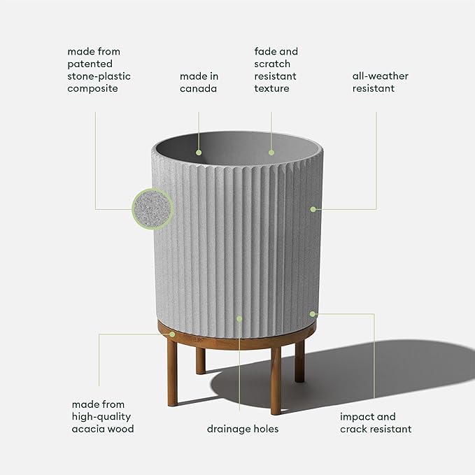 Veradek Demi Series Round Planter w/ Stand for Porch/Patio | Durable Plastic-Concrete & Wooden Stand | Modern Décor for Tall Plants, Flowers