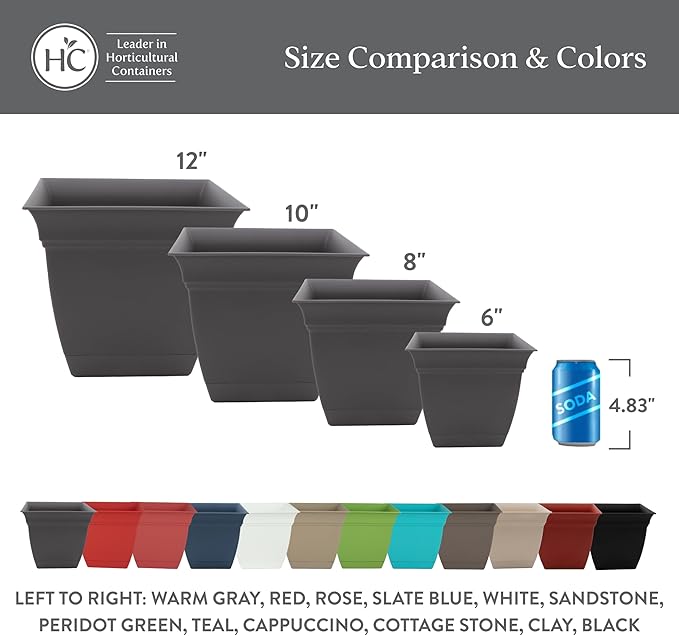 The HC Companies 6 Inch Eclipse Square Planter Pots with Drainage Holes & Attached Saucer, Lightweight UV-Resistant Plastic Indoor Outdoor Planters, 4-Pack Flower Pots for Garden & Home Decor, Rose