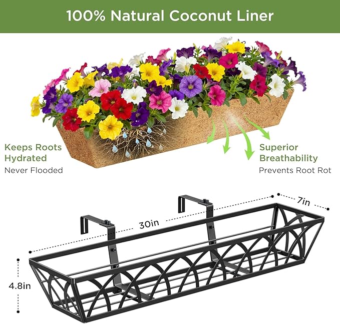 Y&M 30 Inch Window Deck with Coco Liner, Fence Metal Hanging Flower Planter Basket Deck Railing Planter Boxes for Outdoor Garden Lawn, 30" Window Boxes Horse Trough with Coconut Coir Liner,4pcs