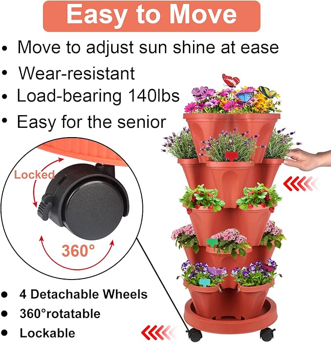 DUNCHATY Stackable Planter, Vertical Strawberry Planter with Garen Tool Set, Self Watering Garden Planter Indoor/Outdoor 5 Tier Herb Planter Pots for Growing Vegetables and Succulents, Clay Red