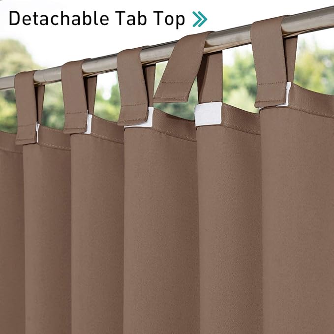 NICETOWN 2 Pieces Outdoor Curtainss for Pergola Waterproof, Self-Sticky Tab Top Blackout Indoor Outdoor Public Dividers Vertical Drapes Windproof Keep Privacy for Pool/Gazebo, W52 x L95 inch, Tan