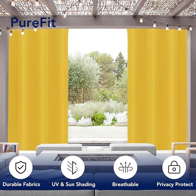 PureFit Outdoor Curtains for Patio Waterproof Weatherproof, UV Resistant Outside Curtains for Gazebo, Front Porch, Pergola, Sun Blocking Privacy Curtain, 52W x 84L inch, 1 Panel, Yellow