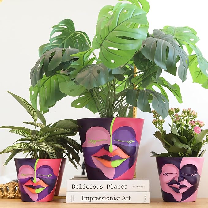 GUGUGO 8 Inch Abstract Rainbow Head Planter, Unique Face Plant Pot with Drainage, Cute Eclectic Flower Planters Pots for Indoor & Outdoor Plants, Colorful Funny Room Decor