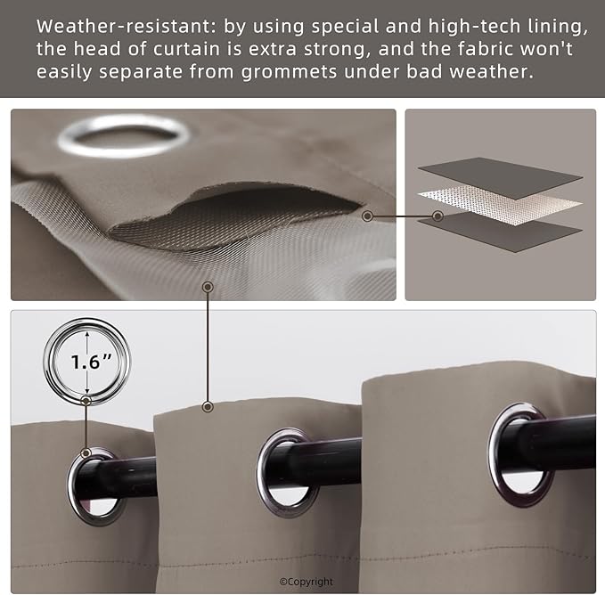 DIVA EN CAMINO DEC Water Resistant Outdoor Patio Curtain Darkening Thermal Insulated Curtains for Bedroom, Porch, Living Room, Pergola, Cabana, W84 x L95, (Taupe) Set of 2 Panels