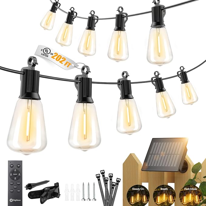 Brightown 202FT Solar String Lights Outdoor Waterproof, Patio Lights with Remote and 65+2 LED Shatterproof Bulbs, Dimmable & Timable, 3 Light Modes, Solar Lights Outdoor for Yard Camping Party Outside