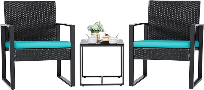 Flamaker Patio Set Outdoor Wicker Furniture, Modern Bistro Set with Rattan Chair and Coffee Table for Yard (Blue)