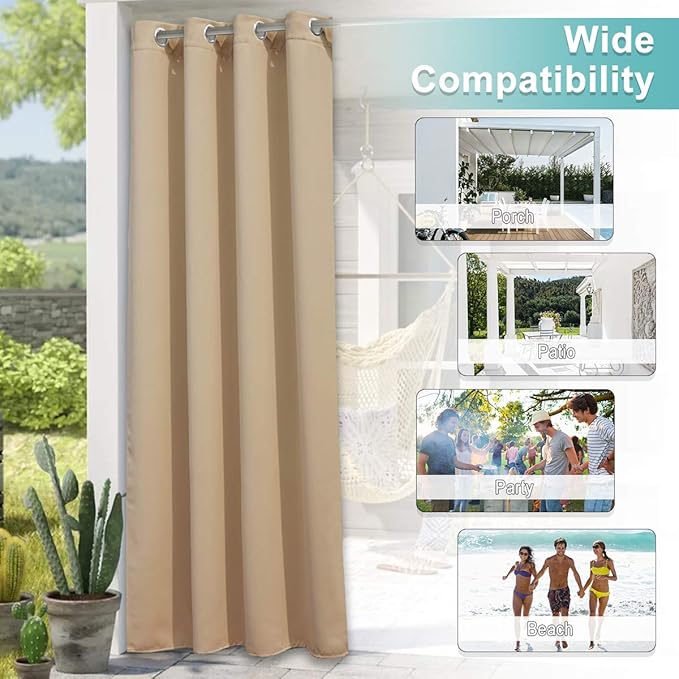 NICETOWN 2 Panels Biscotti Beige Outdoor Curtains for Patio Waterproof, Rustproof Grommet Room Darkening Light Blocking Privacy Sound Reducing Outdoor Drapes for Pavilion/Gazebo, W84 x L84