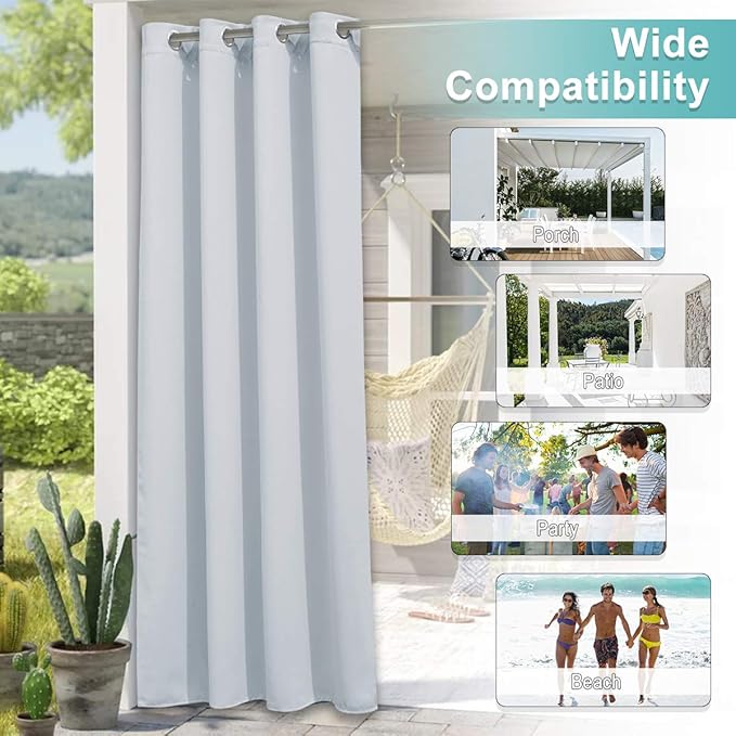 NICETOWN 2 Panels Greyish White Outdoor Curtains for Patio Waterproof, Rustproof Stainless Steel Grommet Room Darkening Thermal Insulated Vertical Drapes for Front Porch & Canvas, W52 x L84