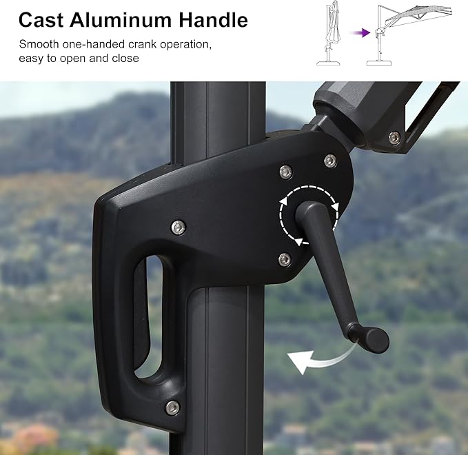 PURPLE LEAF 10 Feet Patio Umbrella Outdoor Cantilever Solar Powered LED Swivel Square Umbrella Aluminum Offset Umbrella with 360-degree Rotation for Garden Deck Pool Patio Light Grey