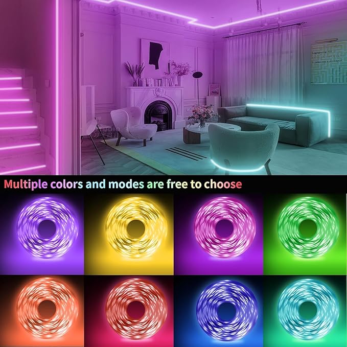 KSIPZE Led Lights for Bedroom 48ft Led Strip Lights with Remote RGB Color Changing Music Sync Bluetooth Smart App Control for Room Bedroom Lighting Flexible Home Décor