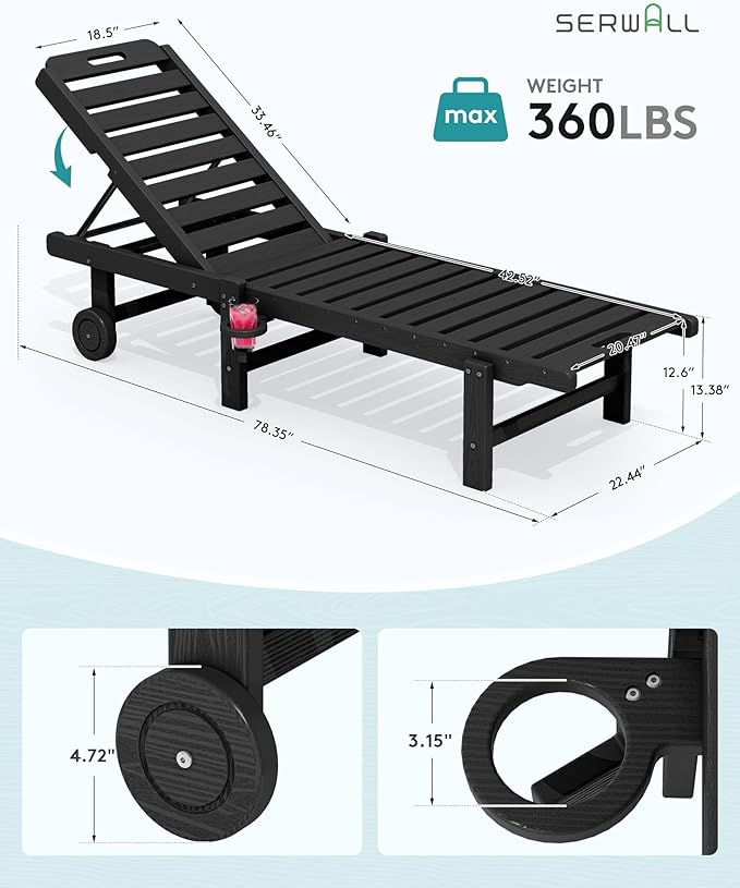 SERWALL Patio Chaise Lounge Chair, HDPE Outdoor Lounge Chair with Cup Holder, 5 Positions Adjustable Poly Lounger with Rolling Wheels for Poolside, Deck, Sunbathing, Black