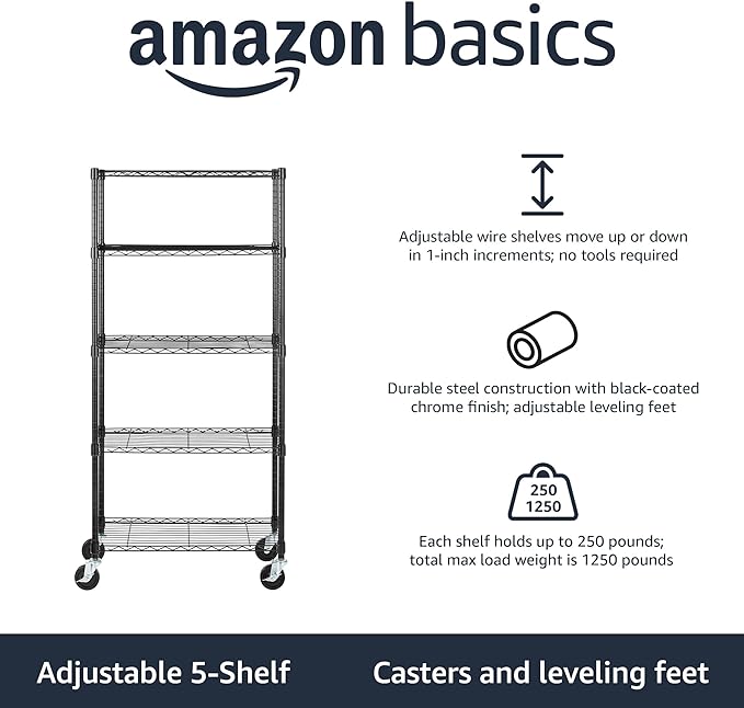 Amazon Basics 5-Shelf Heavy Duty Garage Shelving Storage Rack with 4" Wheel Casters, Adjustable Metal Wire Organizer, 300 lbs Per Shelf, 30" x 14" x 64.75", Black