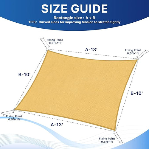 10'x13' Sun Shade Sail, UV Protection Outdoor Shade, Curved Tear Resistant Heavy Duty Sun Shade for Patio Garden, Backyard, Deck, Car Port, Playground, (Sand)