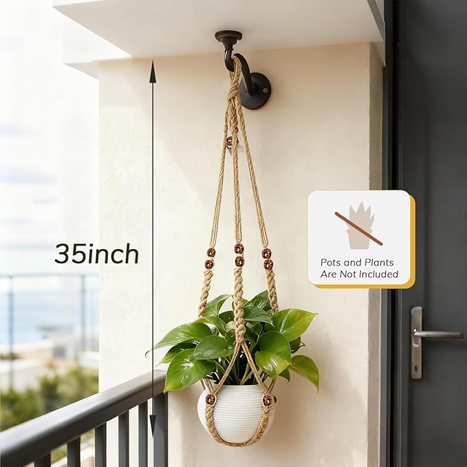 35 Inch Macrame Plant Hanger, Large for up to 15 Inch Pot Extra Long Hanging Planter Holder Basket with Wood Beads for Indoor Outdoor Home Decor (Brown, 1-Pack)