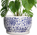 SQOWL Ceramic Pots for Plants - 10 Inch Ceramic Flower Pots with Drainage Hole and Saucer, Round Large Planter Indoor, Decorative Porcelain Planter Outdoor, Home Decor, Birthday Gifts, Blue and White