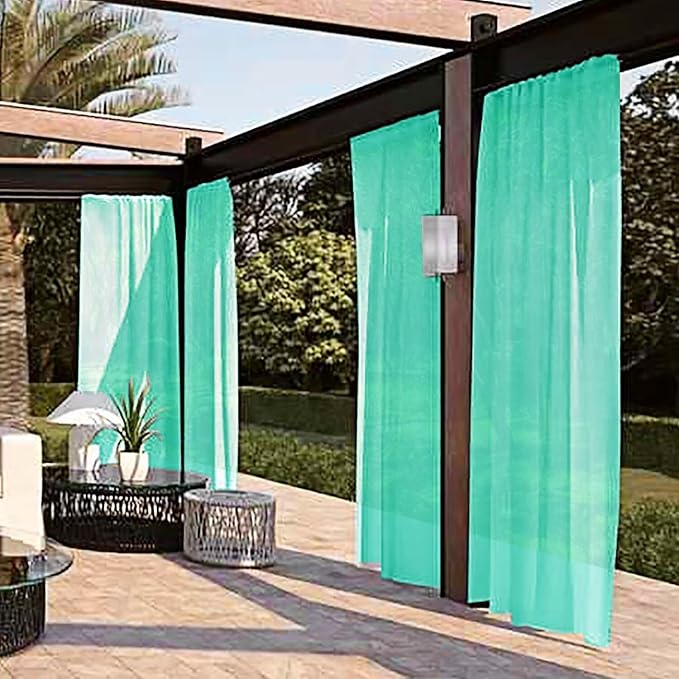 SpaceDresser Waterproof Outdoor Sheer Curtains for Patio - 4 Panels Rod Pocket Indoor Voile Sheer Curtain for Living Room,52W x 96L inch, Turquoise