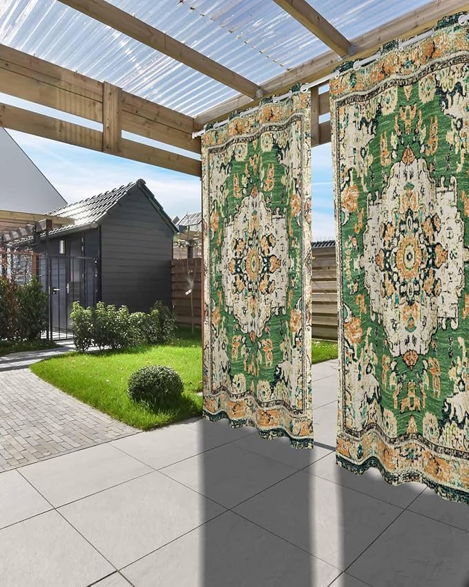 Ombre Green Boho Outdoor Curtains for Patio Waterproof, Grommet Privacy Curtain Drapes Weatherproof Outside Curtains for Porch GazeboPergola Cabana 2 Panel 54x84inch Vintage Ethnic Tribal Geometric