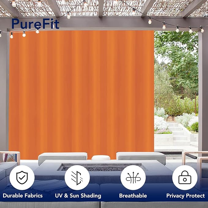 PureFit Outdoor Curtains for Patio Waterproof Weatherproof, UV Resistant Outside Curtains for Gazebo, Front Porch, Pergola, Sun Blocking Privacy Curtain, 100W x 108L inch, 1 Panel, Orange