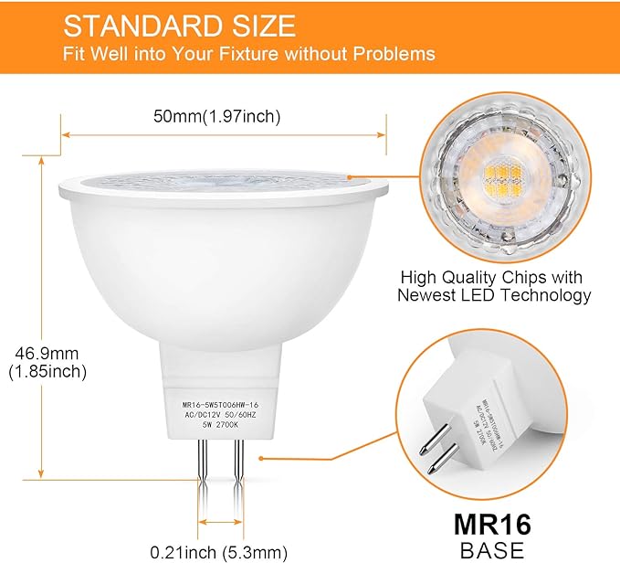 Mlambert 36 Pack MR16 LED Bulbs 50W Halogen Equivalent,2700K Warm White,5W GU5.3 MR16 12V Spotlight Bulb,Non-Dimmable,45° Beam Angle for Landscape