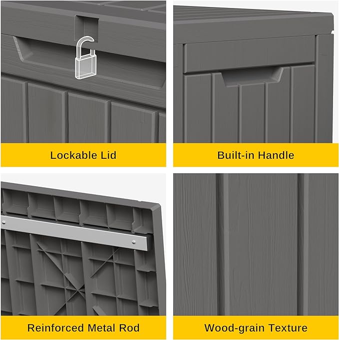 EAST OAK 60 Gallon Deck Box, Outdoor Storage Box with Padlock for Patio Furniture, Patio Cushions, Gardening Tools, Pool Supplies, Waterproof and UV Resistant Resin, Grey