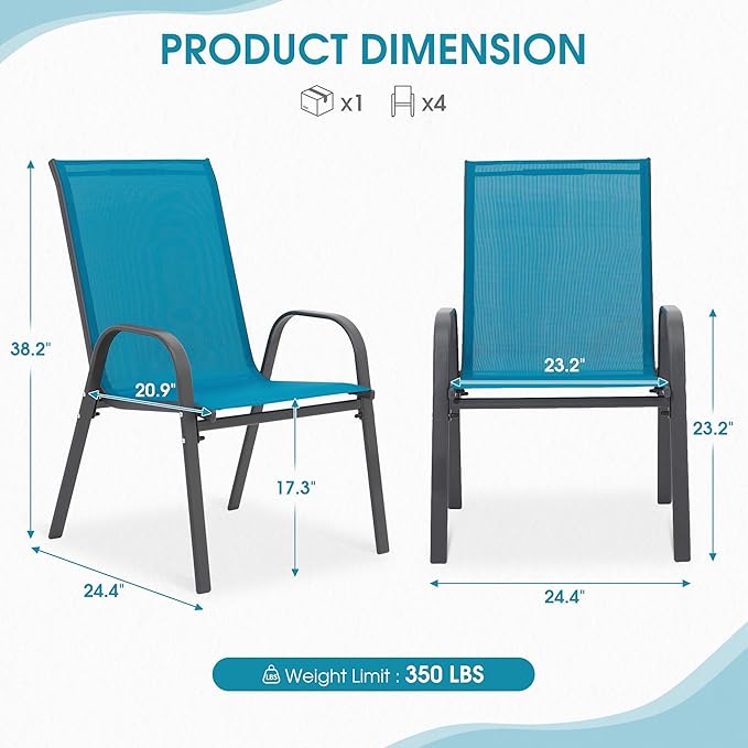 Outdoor Stackable Chairs Set of 8, Stacking Patio Chairs with Textilene Fabric, Outside Furniture for Garden Backyard Balconie Poolside Deck, Blue