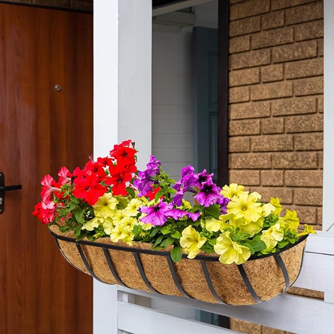 4 Pack 30 Inch Window Deck Railing Planter Boxes with Coconut Liner, Large Hanging Window Flower Boxes Metal Railing Planter for Balcony Fence Porch (4, 30 Inch)