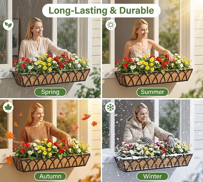 Y&M 30 Inch Window Deck with Coco Liner, Fence Metal Hanging Flower Planter Window Basket Deck Railing Planter Boxes for Outdoor Garden Lawn,6pcs