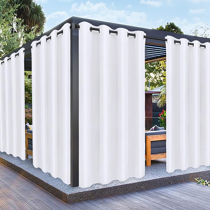 PureFit Outdoor Curtains for Patio Waterproof Weatherproof, UV Resistant Outside Curtains for Gazebo, Front Porch, Pergola, Sun Blocking Privacy Curtain, 52W x 108L inch, Set of 2, White
