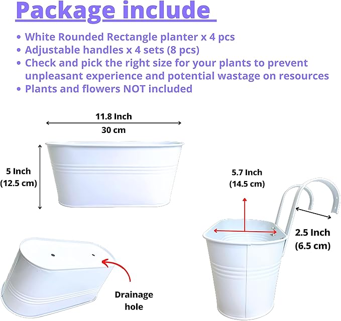 LaLaGreen Outdoor Rail Planter (4 Pack, 11.8 Inch) Metal Iron Hanging Flower Pots Deck Railings Fence Buckets Modern Countryside Boho Style White Wall Mount Window Box Plant Holder Hooks Porch Decor