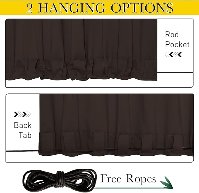 NICETOWN 2 Panels Outdoor Curtains for Patio Extra Wide 84", Waterproof & Windproof Grommet & Back Tab Fixed Top and Bottom Thermal Insulated Drapes with Rope for Gazebo, Toffee Brown, W84 x L84