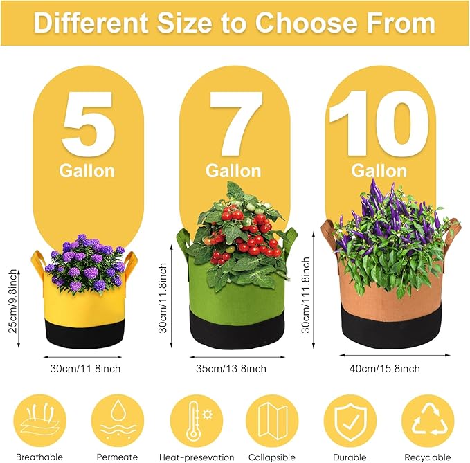 Grow Bags 7 Gallon,6 Pack Fabric Plant Pots with Handles Planter Bag for Outdoor Garden Planting Vegetables Flowers Fruit
