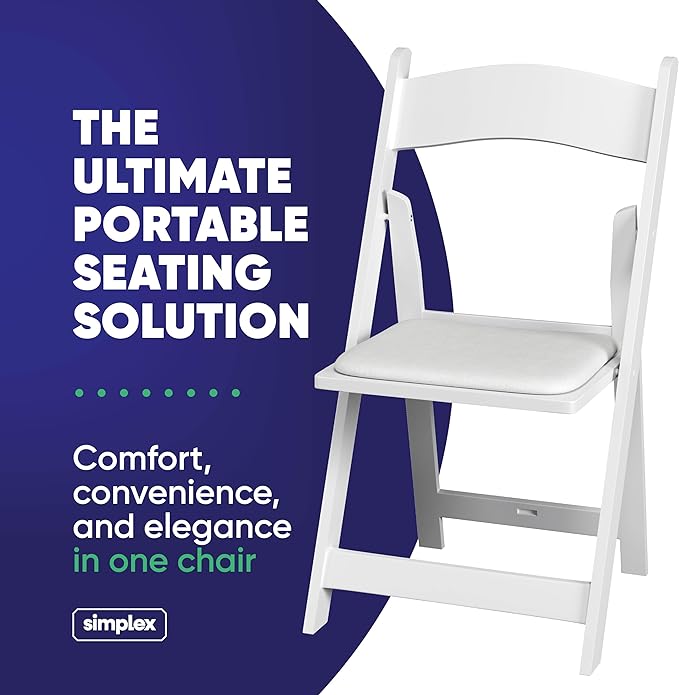 SIMPLEX 100 White Resin Stackable Chairs - Comfortable White Foldable Chair - Folding Chairs with Padded Seats - Indoor/Outdoor Folding Chairs for Events - Lightweight Foldable Chairs. (Set of 100)