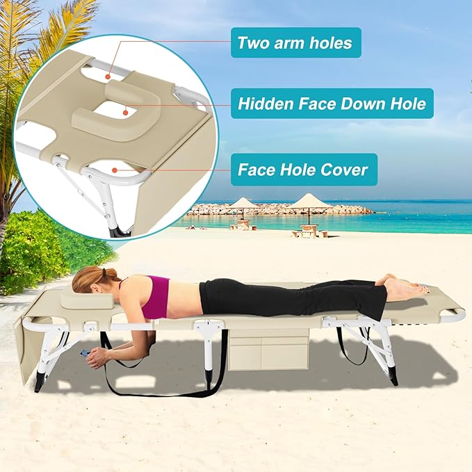 ABORON 3 in 1 Sun Tanning Chair Oversized with Mat&Face Arm Hole, Heavy Duty Folding Chaise Lounge Chairs, 5-Position Outdoor Lounge Chair/Pillow, for Beach, Pool, Lawn, Yard, Patio