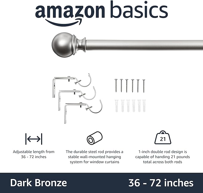 Amazon Basics Sturdy Adjustable Curtain Rod for Windows with Round Finials, Easy Installation, 1-Inch Rod, 36" to 72", Nickel, 1-Pack