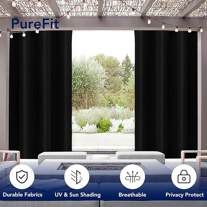 PureFit Outdoor Curtains for Patio Waterproof Weatherproof, UV Resistant Outside Curtains for Gazebo, Front Porch, Pergola, Sun Blocking Privacy Curtain, 52W x 95L inch, 1 Panel, Black