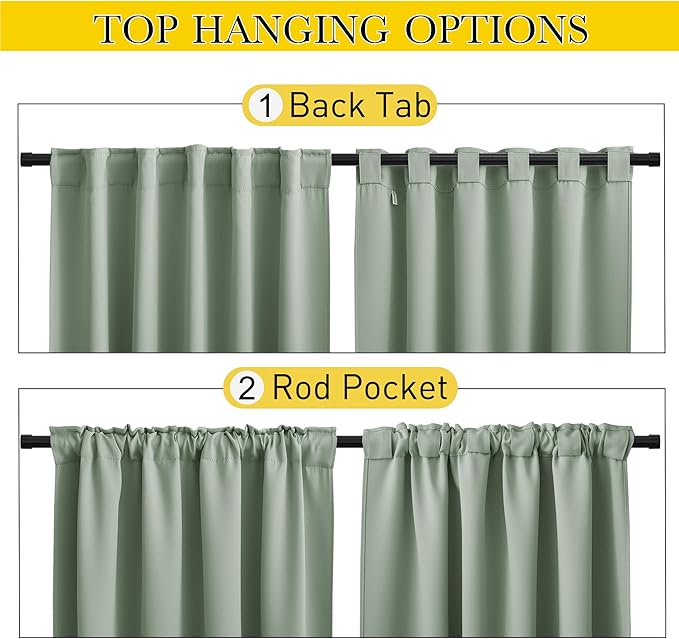 NICETOWN 2 Panels Sage Green Blackout Outdoor Curtains Patio Waterproof, Thermal Insulated Top & Bottom Pocket & Back Tab Windproof Drapes Privacy Soundproof for Pergola with Rope, W52 x L95